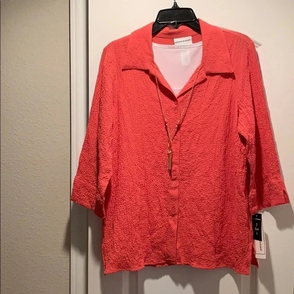 Alfred Dunner Coral Button Down 3/4 Sleeves Top - Picture 3 of 14
